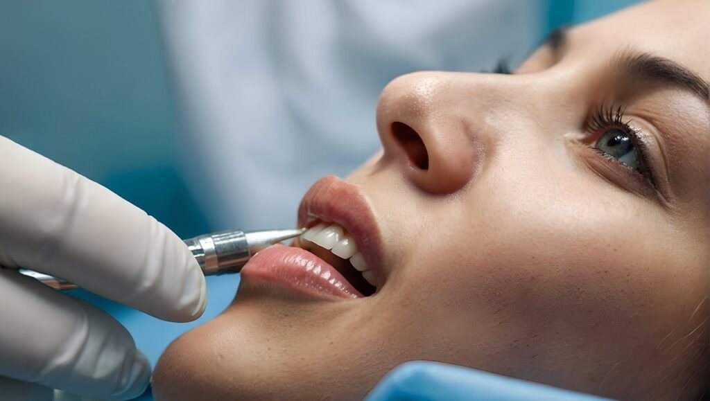 woman and dental glove and instrument